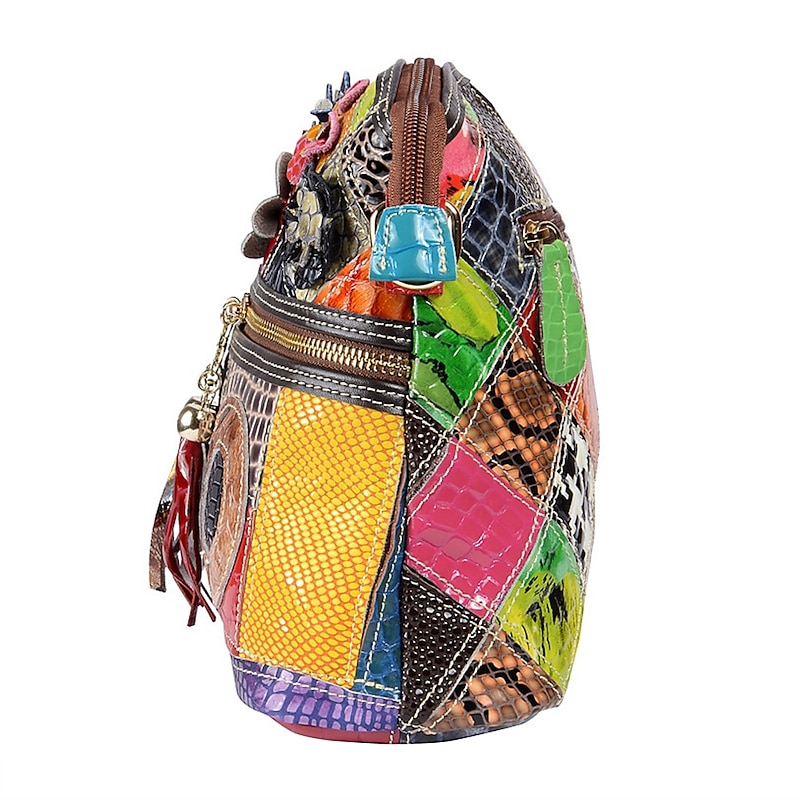 Women's Colorful Patchwork Leather Shoulder Bag - Bohemian Style Handbag with Floral Accents3