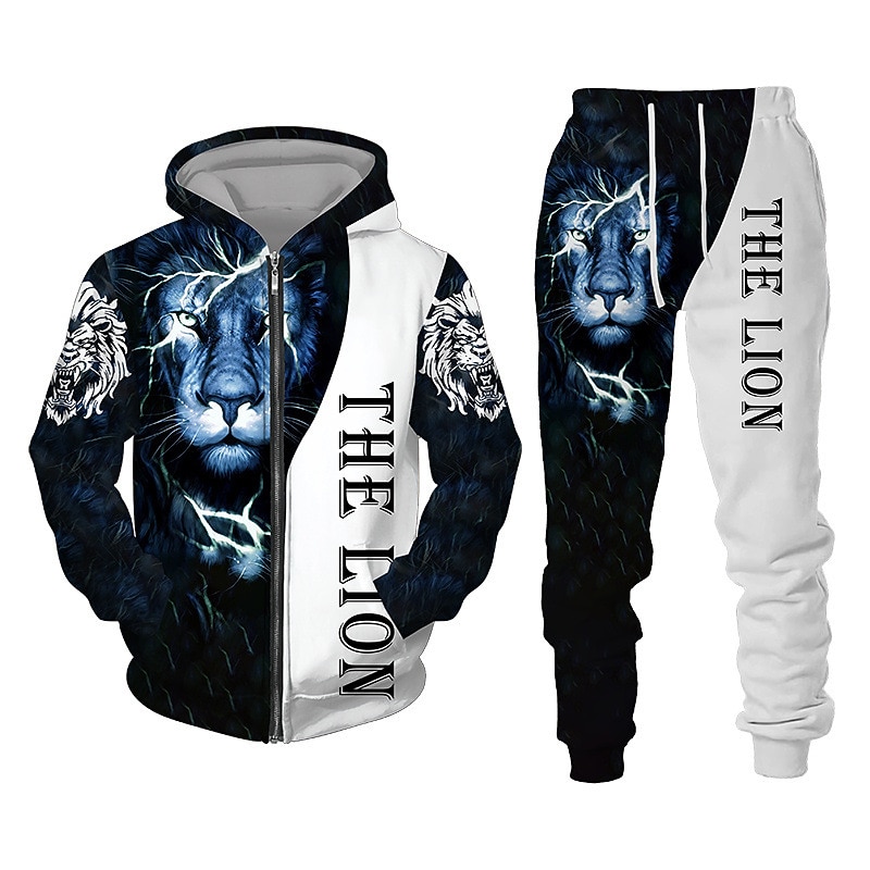 Men's Graphic Lion 2pcs 3D Sweatshirt Sets Hoodie Tracksuit Long Sleeve Long pants Hooded Streetwear Designer Basic Sports & Outdoor Casual Sports Zipper Spring Fall Black White Purple