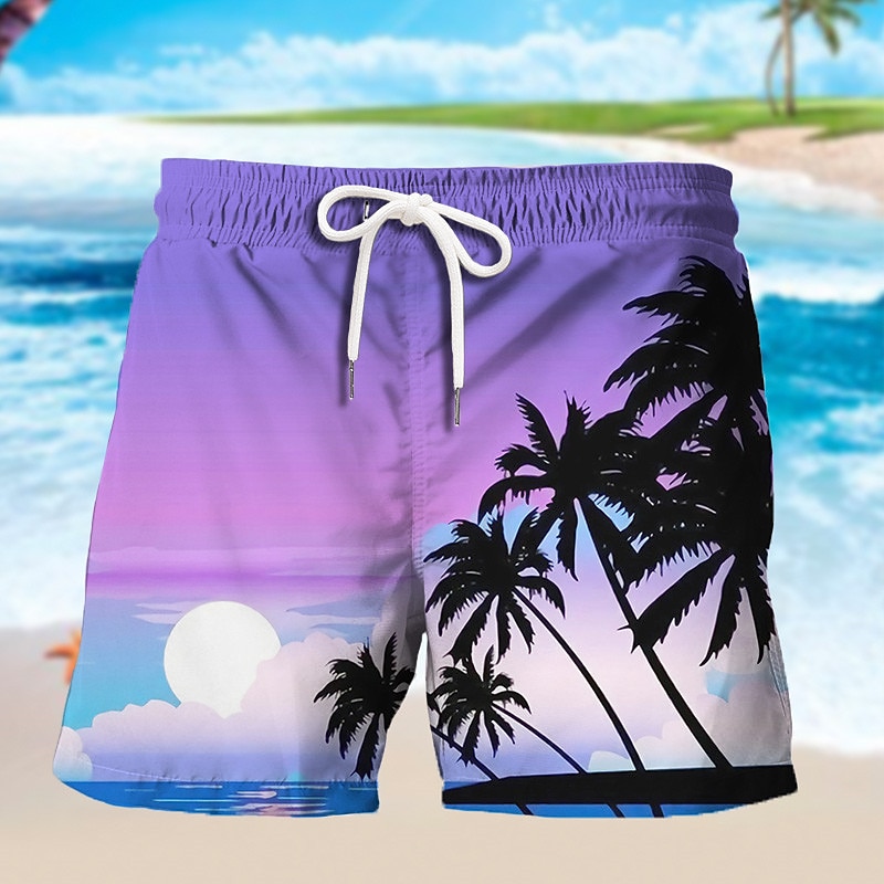 Men's Graphic Coconut Tree Swim Trunks Swim Shorts Board Shorts Mid Waist Hawaiian Designer Boho Holiday Beach Drawstring with Mesh lining Elastic Waist Designer Clothing Apparel