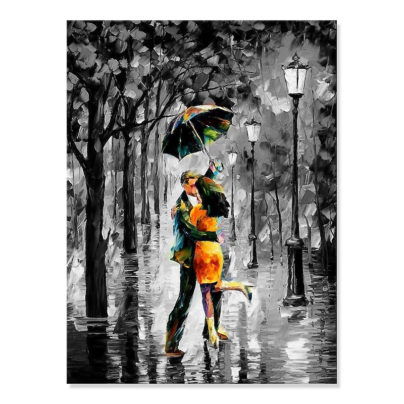 Handmade Oil Painting Canvas Acrylic Wall Art Decoration Modern  Black and White Knife Painting of a Romantic Rainy Street Scene for Home Decor Rolled Frameless Unstretched Painting2