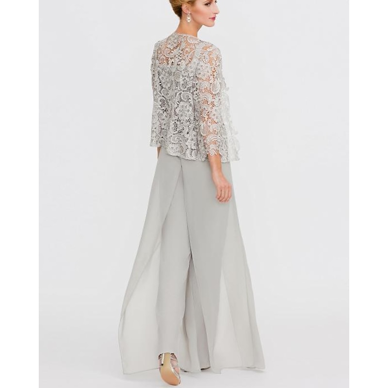 Pantsuit 3 Piece Mother of the Bride Formal Wedding Guest Elegant Wrap Included Square Neck Floor Length Chiffon Lace Sleeveless Wrap Included with Appliques2