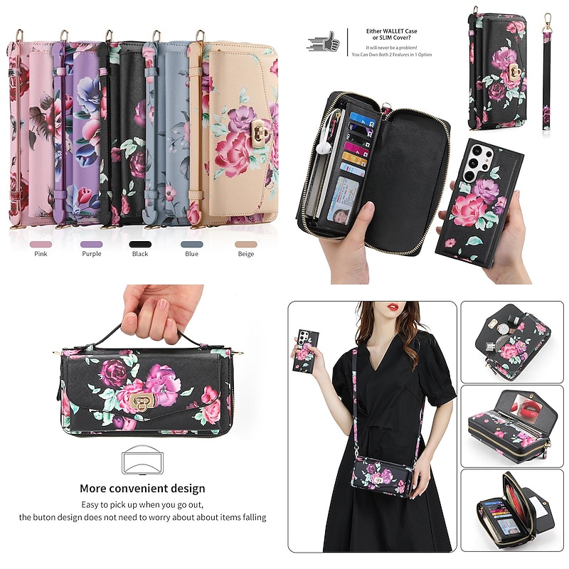 Phone Case For Samsung Galaxy S24 S23 Ultra Plus S22 Plus  Ultra Wallet Case Wallet Mirror Zipper Flower TPU PC PU Leather2