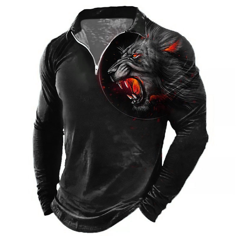 Men's Lion Zip Polo Shirts Golf Shirt Long Sleeve Polo Shirts Collared Shirts Casual Funny Streetwear Vacation Wear Party Outfits 3D Print Quarter Zip Polo Black Red Blue4