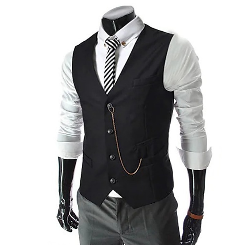 Men's Vest Suit Vest Gilet Wedding Business Causal Casual 1920s Smart Casual Polyester Solid Colored Single Breasted Shirt Collar Slim Black Red Light Grey Vest2