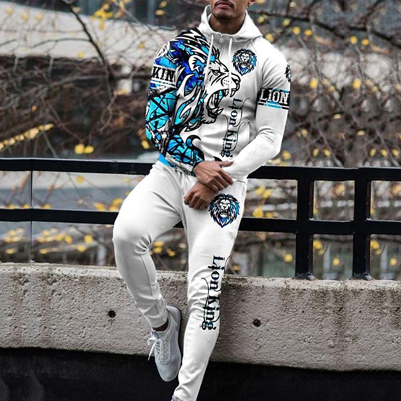 Men's Graphic Animal 2pcs 3D Sweatshirt Sets Tracksuit Hoodies Long Sleeve Long pants Hooded Streetwear Designer Basic Sports & Outdoor Casual Sports Zipper Spring Fall White Yellow Blue3