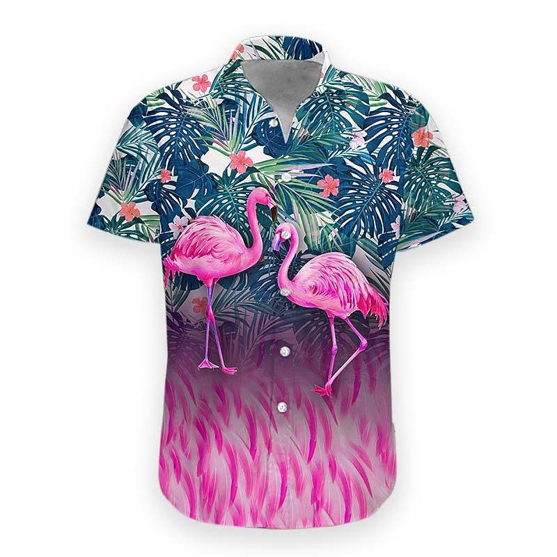 Men's Floral Flamingo Tropical Shirt Summer Hawaiian Shirt Aloha Shirt Short Sleeves Shirt Turndown Designer Casual Soft Outdoor Casual Daily Pink Navy Blue Blue S M L2