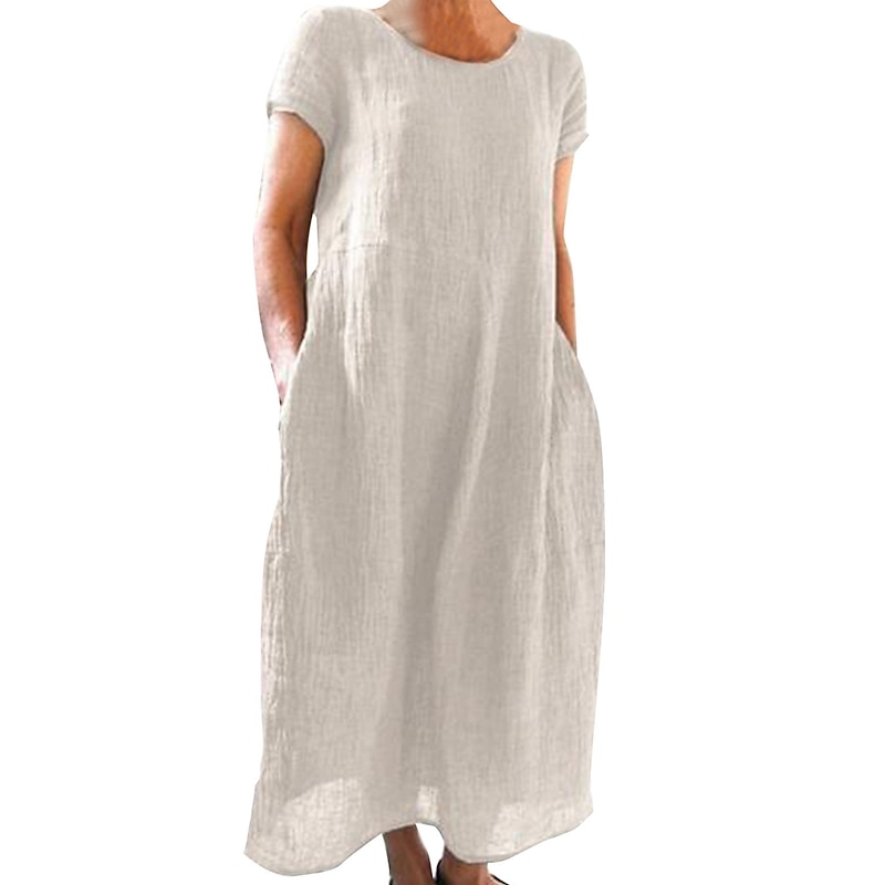 Women's Black White Yellow Summer Spring Maxi Dress White Dress Cotton Linen Dresses Casual Dress Basic Casual Outdoor Vacation Daily Loose Fit Plain Crew Neck2