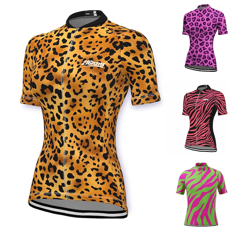Women's Cycling Jersey Leopard Patterned Funny Short Sleeve Bike Jersey Top with 3 Rear Pockets Mountain Bike MTB Road Bike Cycling Fast Dry Quick Dry Soft Reflective Strips Sports Yellow Pink Red