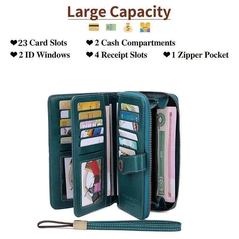 RFID Blocking Long Wallet With Wristlet, Retro Style Faux Leather Wallet With Multi Card Slots &amp; Id Window3