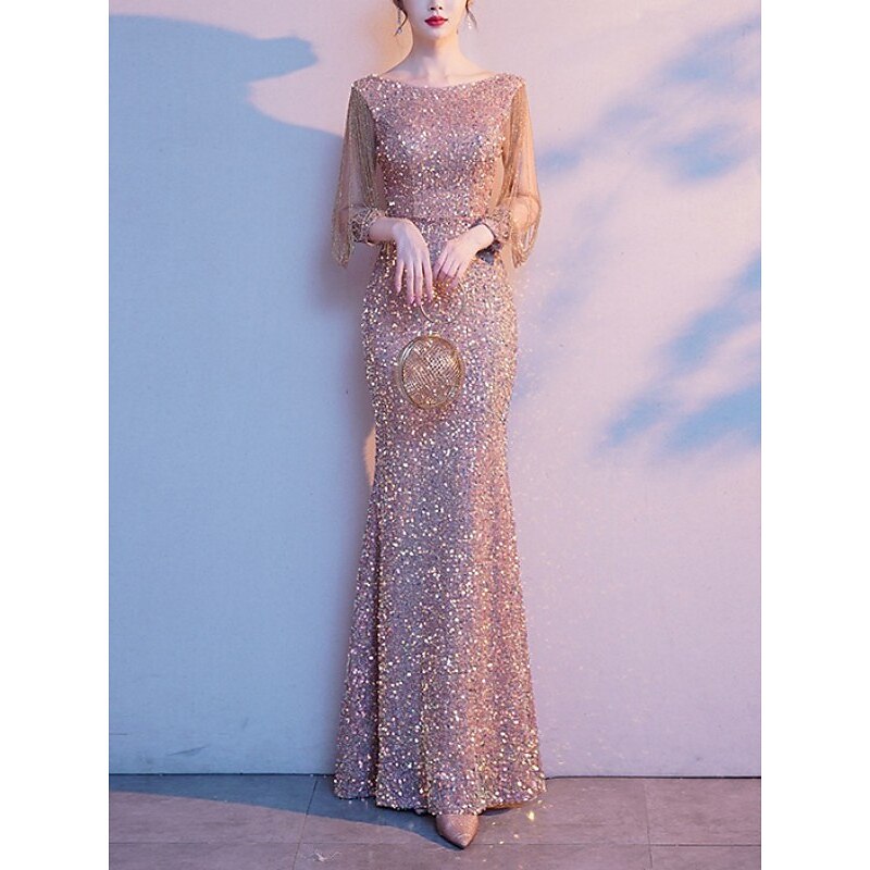 Sheath Evening Gown Elegant Sparkle & Shine Petite Jewel Neck Floor Length Sequined 3/4 Length Sleeve with Solid Color dress to impress