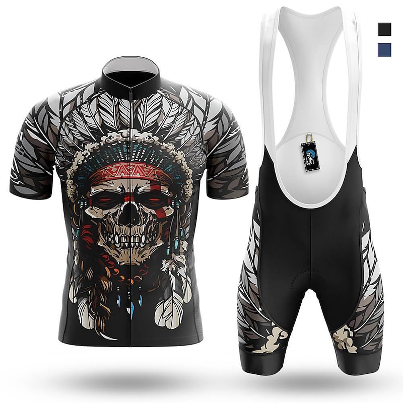 Men's Cycling Jersey with Bib Shorts Skull Funny Short Sleeve Bike Clothing Suit with 3 Rear Pockets Mountain Bike MTB Road Bike Cycling 3D Pad Quick Dry Soft Back Pocket Sports Black Blue Clothing