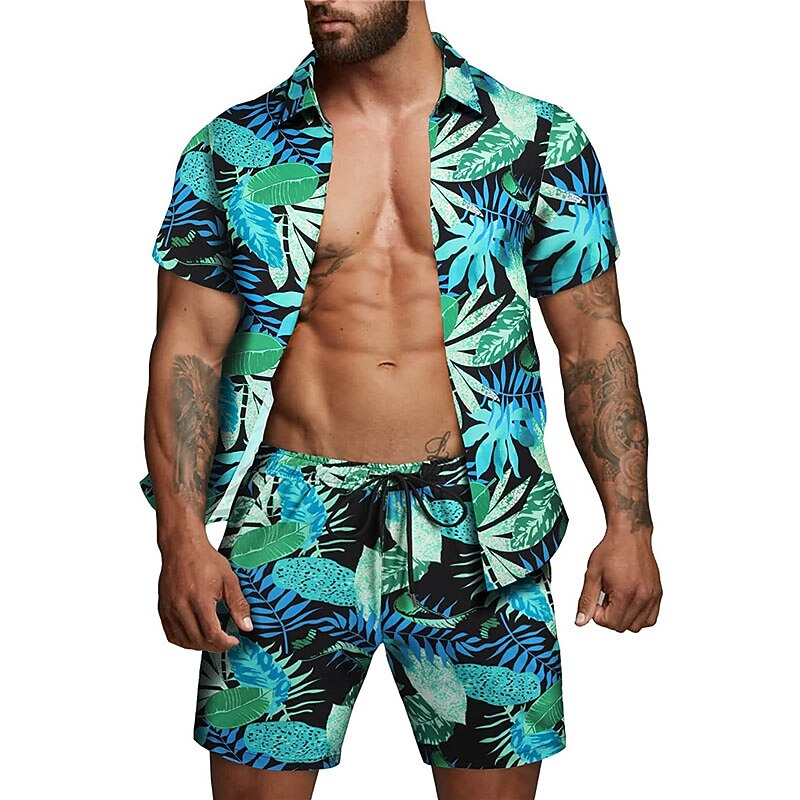 Men's Floral Leaves Tropical Plants 2pcs Shirts Sets Summer Hawaiian Shirt Short Sleeve Short Pants Turndown Tropical Fashion Hawaiian Street Casual Hawaiian Print Summer Spring Black White Brown