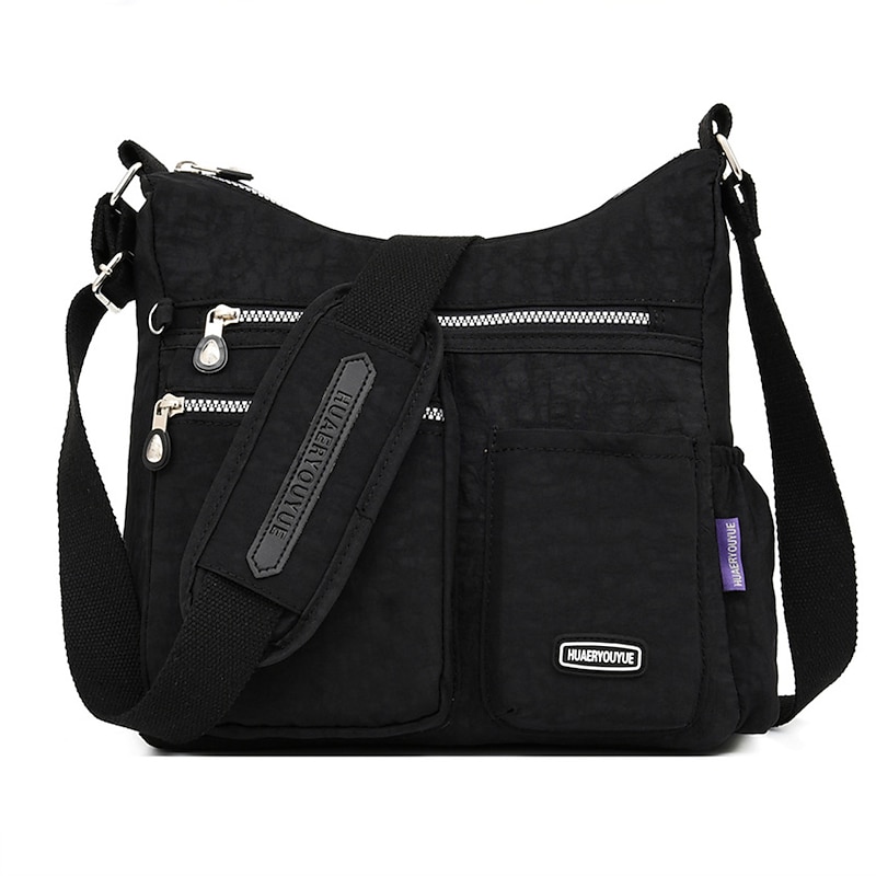Black Nylon Crossbody Bag for Women – Lightweight Travel Shoulder Bag with Multiple Zipper Pockets