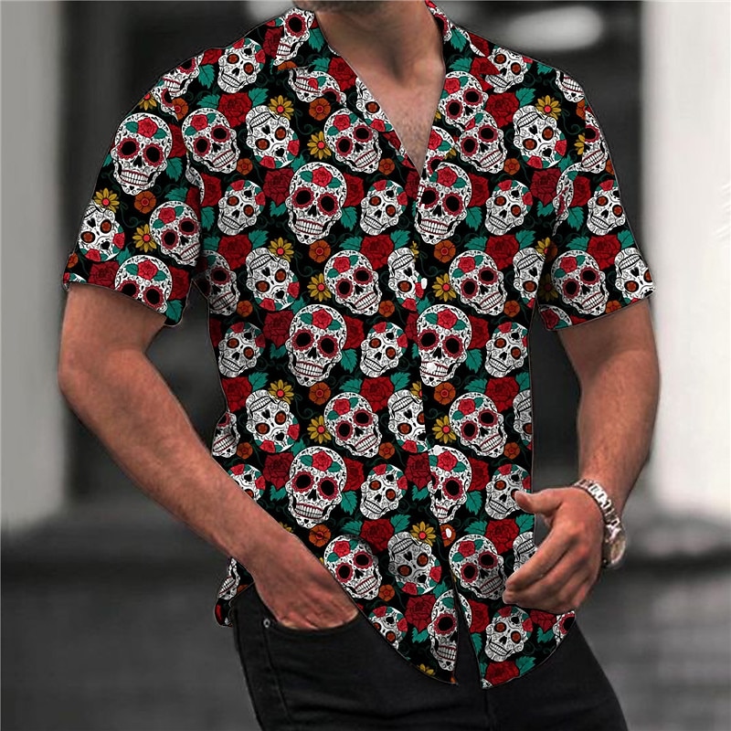 Day Of The Dead Mens Graphic Shirt Summer Hawaiian Floral Skull Prints Turndown Black Blue Casual Holiday Short Sleeve Button Clothing Apparel Sugar Skulls And Roses Cotton Button-Down2