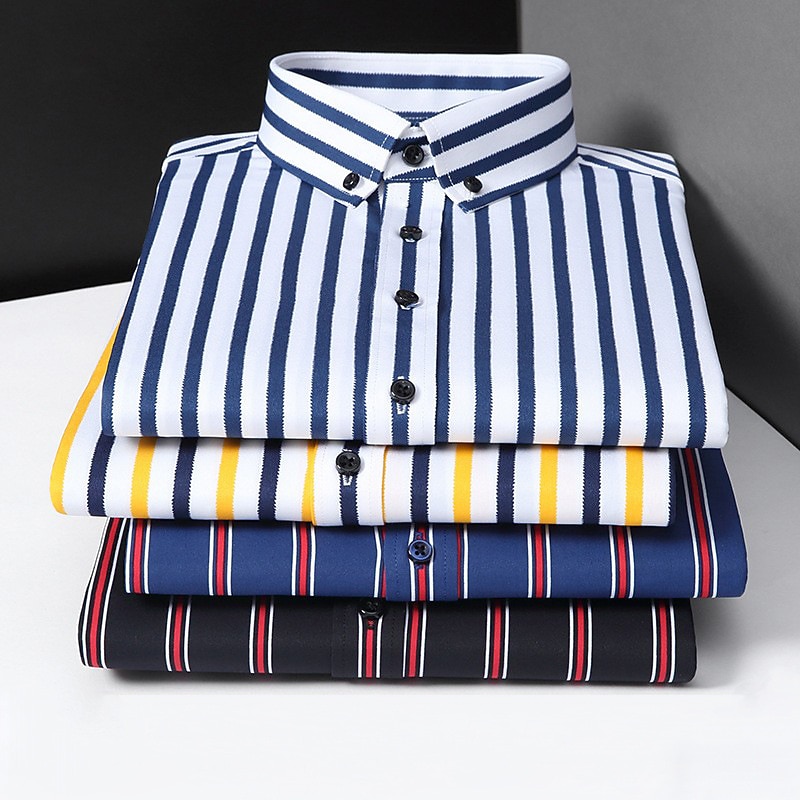 Men's Dress Shirt Striped Wedding Outdoor Black White Yellow Navy Blue Long Sleeve Turndown Spring &  Fall Clothing Apparel Button-Down