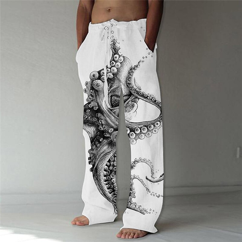 Men's Trousers Summer Pants Beach Pants Drawstring Elastic Waist Straight Leg Animal Graphic Prints Comfort Casual Daily Holiday Streetwear Designer Blue Gray