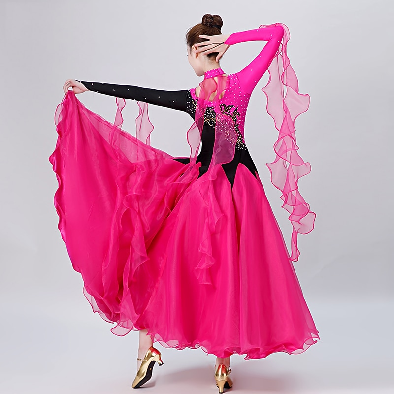 Ballroom Dance Dress Embroidery Splicing Crystals / Rhinestones Women's Performance Training Long Sleeve Spandex Organza3