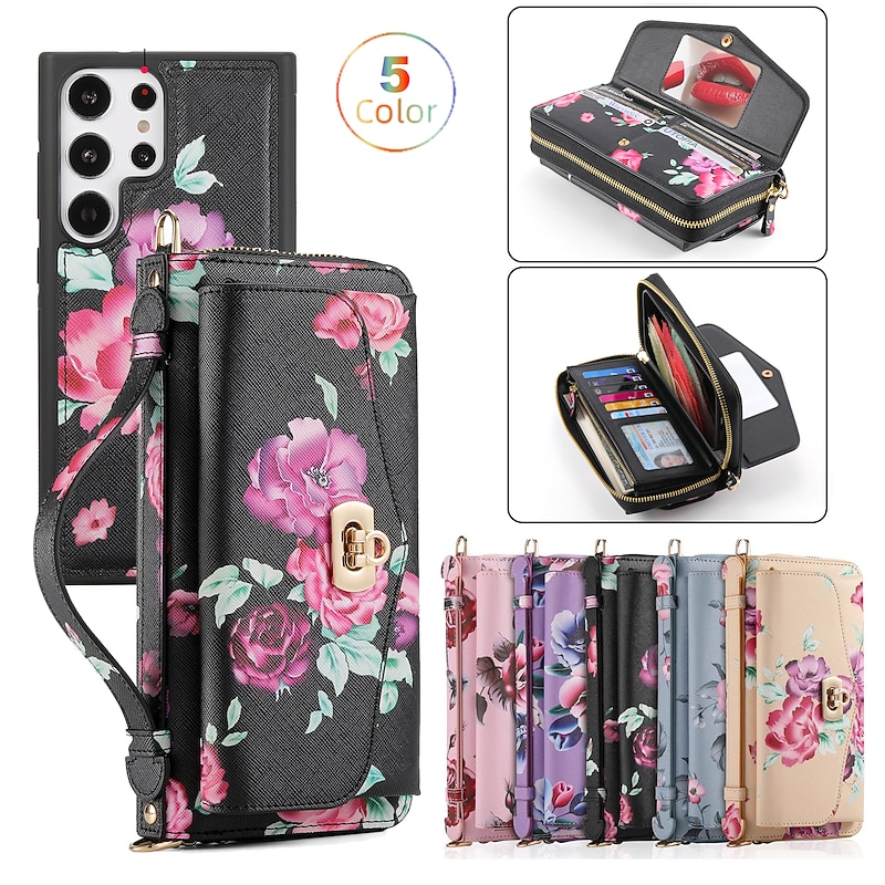 Phone Case For Samsung Galaxy S24 S23 Ultra Plus S22 Plus  Ultra Wallet Case Wallet Mirror Zipper Flower TPU PC PU Leather