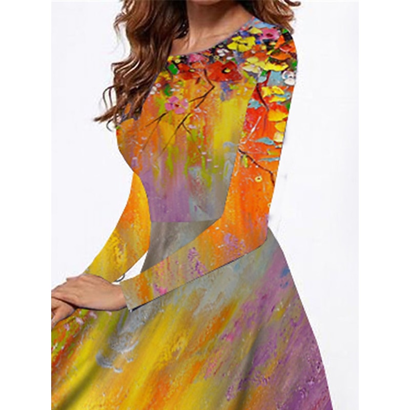 Women's Midi Dress Casual Dress Winter Dress Swing Dress Shift Dress Fashion Streetwear Modern Formal Outdoor Party Regular Fit Floral Long Sleeve Crew Neck Yellow Summer Spring2