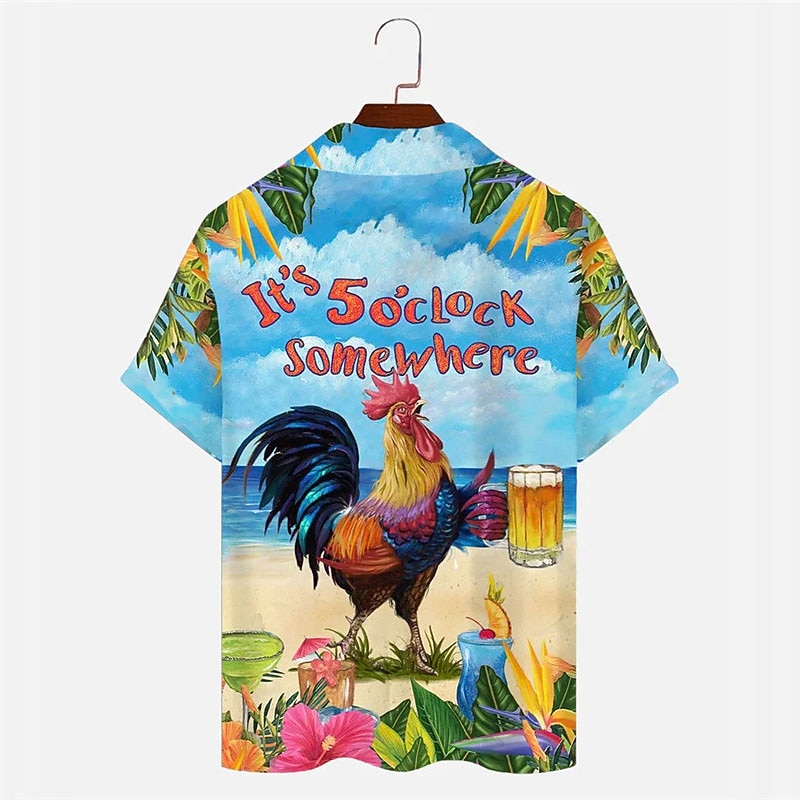 Men's Letter Chicken Beach Shirt Summer Hawaiian Shirt Aloha Shirt Short Sleeve Shirt Turndown Tropical Fashion Hawaiian Casual Hawaiian Holiday Blue S M L3