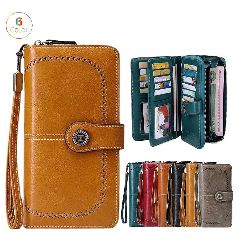 RFID Blocking Long Wallet With Wristlet, Retro Style Faux Leather Wallet With Multi Card Slots & Id Window