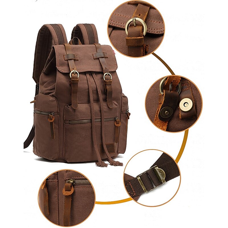 Men's Vintage Canvas Backpack with Leather Straps and Drawstring Closure – Durable Travel Rucksack for Hiking, School, or Daily Use2