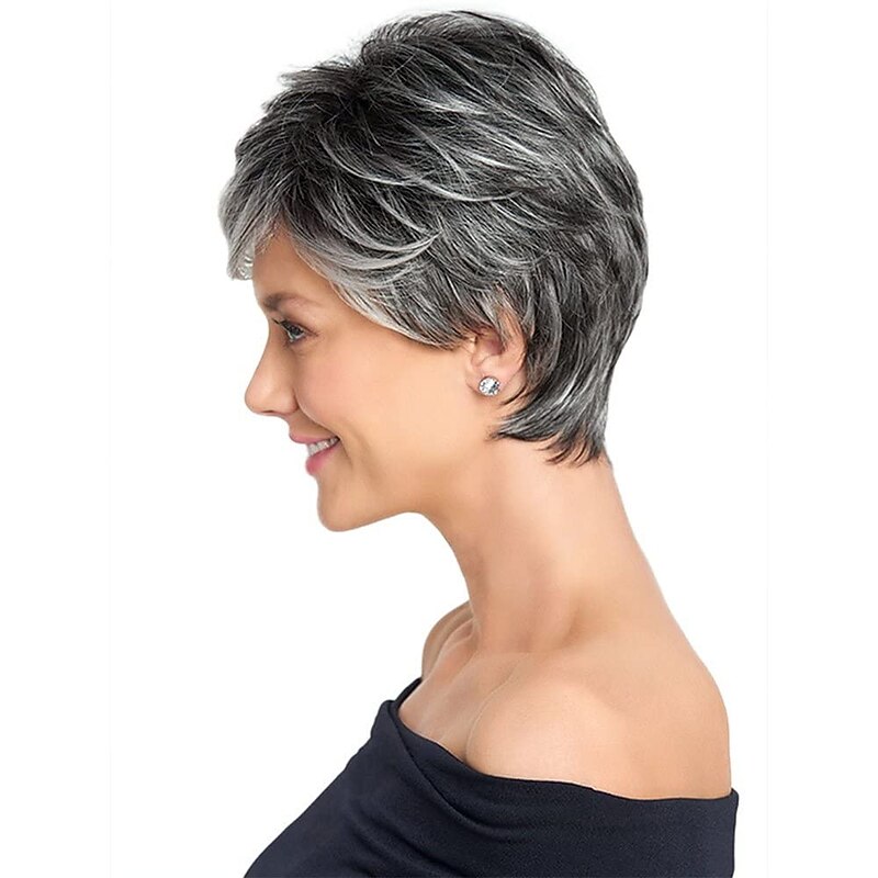 Gray Wigs for Women Fluffy and Undeformed Black Gray Gradient Short Wig Natural Appearance Gray Pixie Cut Wigs Suitable for Middle-aged and Older Women's Daily Use Wigs Costume Cosplay Wigs2