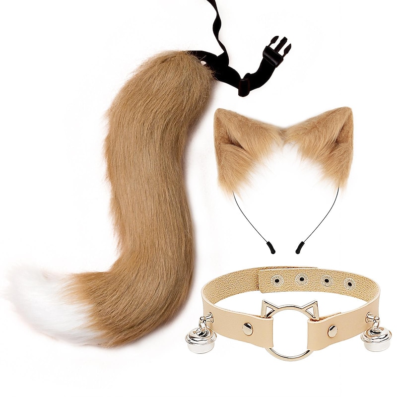 Cat Ears and Wolf Fox Animal Tail Cosplay Costume Faux Fur Hair Clip Headdress Carnival Leather Neck Chocker Set