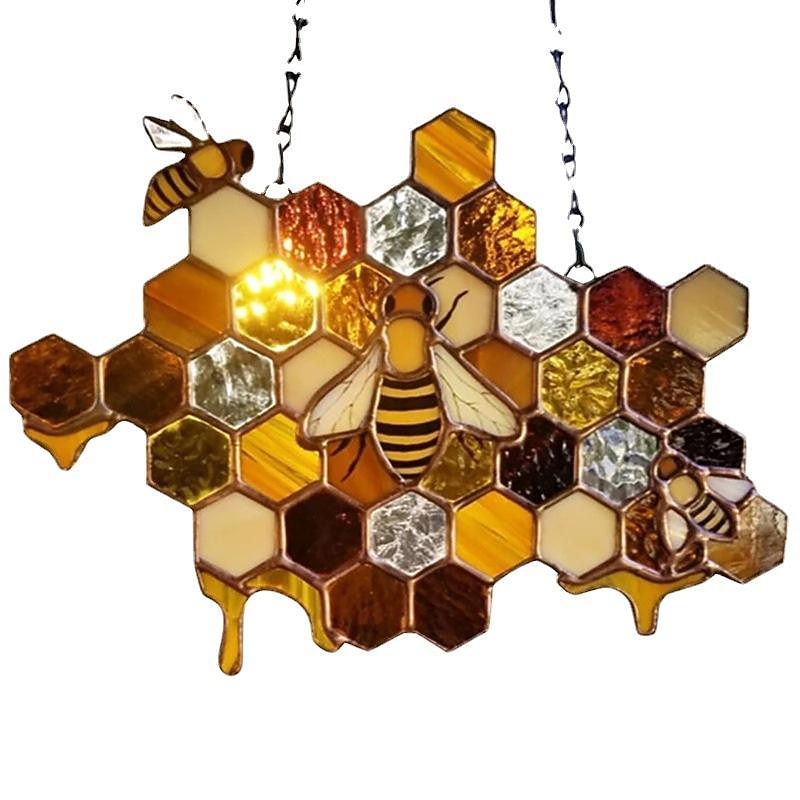 Bee Honeycomb Stained Honeybee Window Hangings Ornament Suncatcher, Beehive Stained Panel Handcrafted Modern Sunflower Stained Window Hangings Colorful Bee Pendant Art Ornaments4