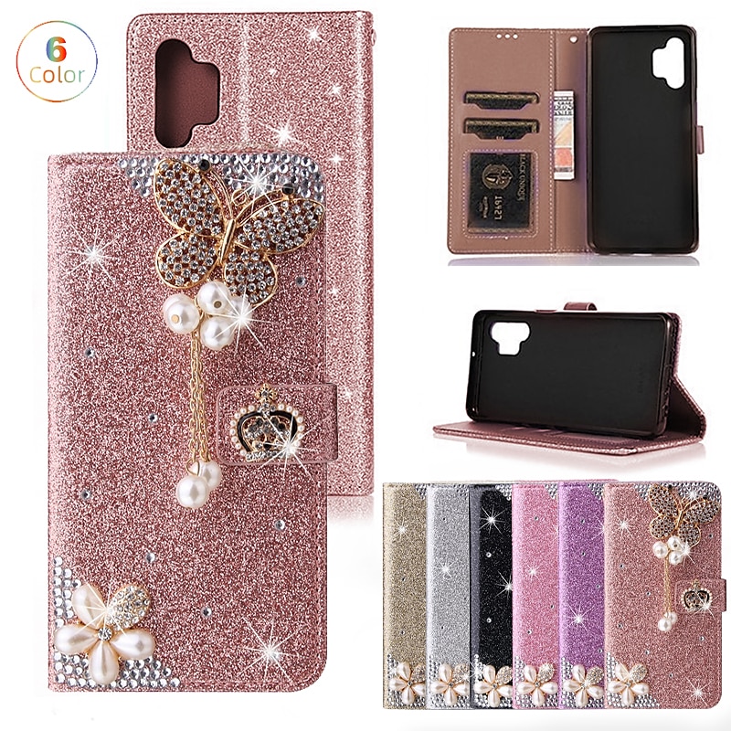 Phone Case For Samsung Galaxy S25 S23 S22 S21 FE S21 Ultra Plus A35 5G A54 A73 A53 A33 Wallet Case Rhinestone With Card Holder Magnetic Flip Glitter Shine Crystal Diamond PU Leather