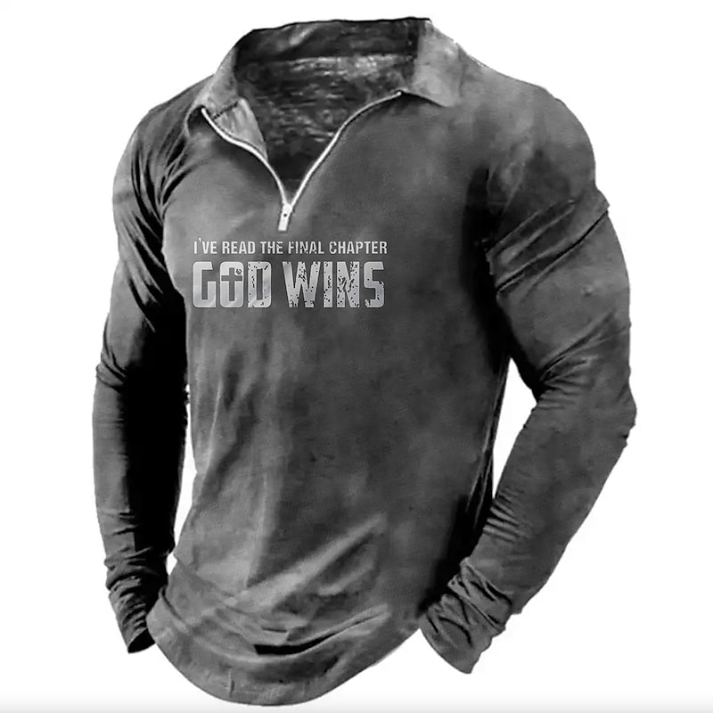 Men's Long Sleeve Quarter-Zip Polo Shirt with 'I've Read The Final Chapter God Wins' Faith Graphic4