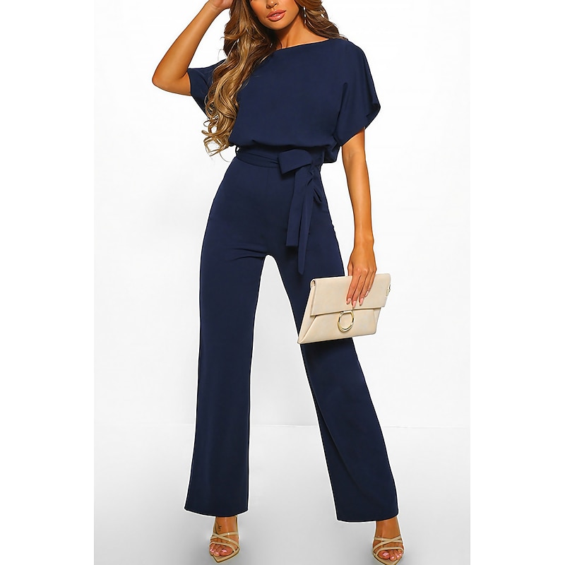 Jumpsuits for Women Summer Dressy Short Sleeve Belt Clean Fit Party Wide Leg Playsuit Long Pants Summer2