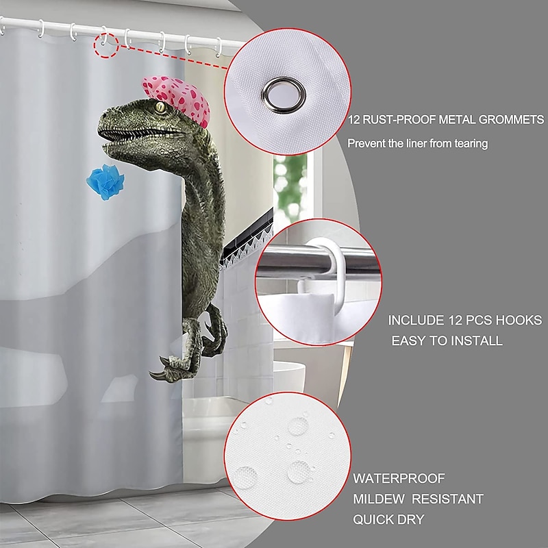 Dinosaur Shower Curtain Set 180cm*180cm(70"*70")with Hooks for Bathroom, White Fun Kids Fabric Shower Curtains , Cool Cute Unique Raptor Bathroom Accessories Decor3