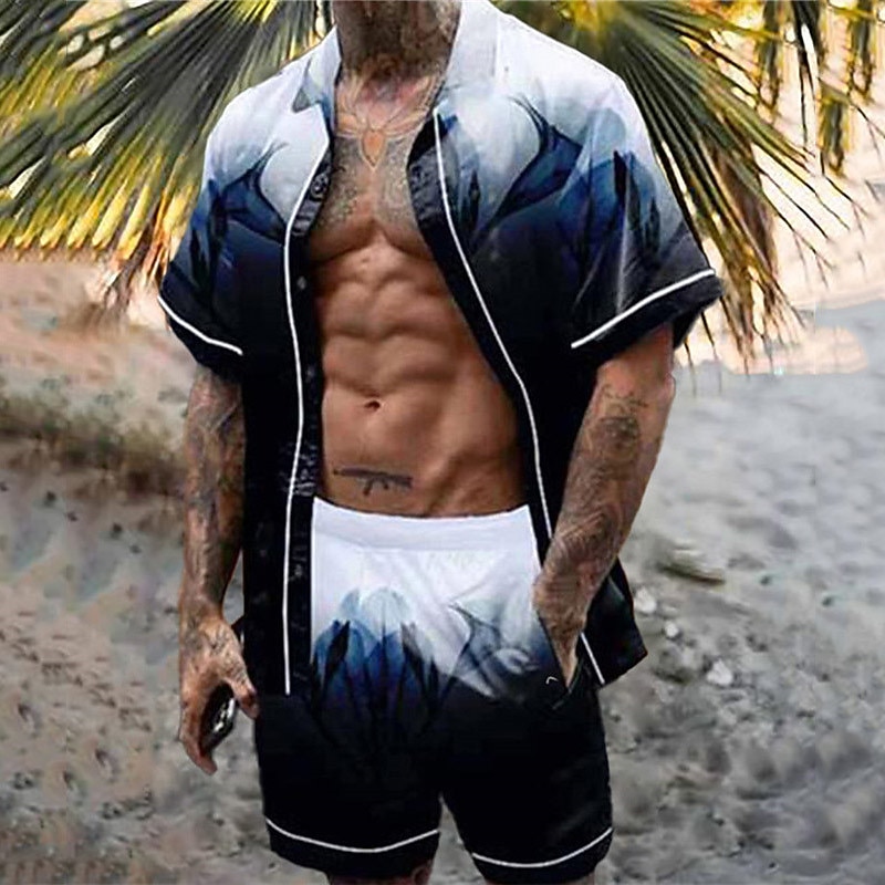 Men's Geometric Pattern Geometry 2pcs Shirts Sets Summer Hawaiian Shirt Short Sleeve Short Pants Turndown Tropical Fashion Hawaiian Casual Holiday Beach Print Summer Spring Black Yellow Red2