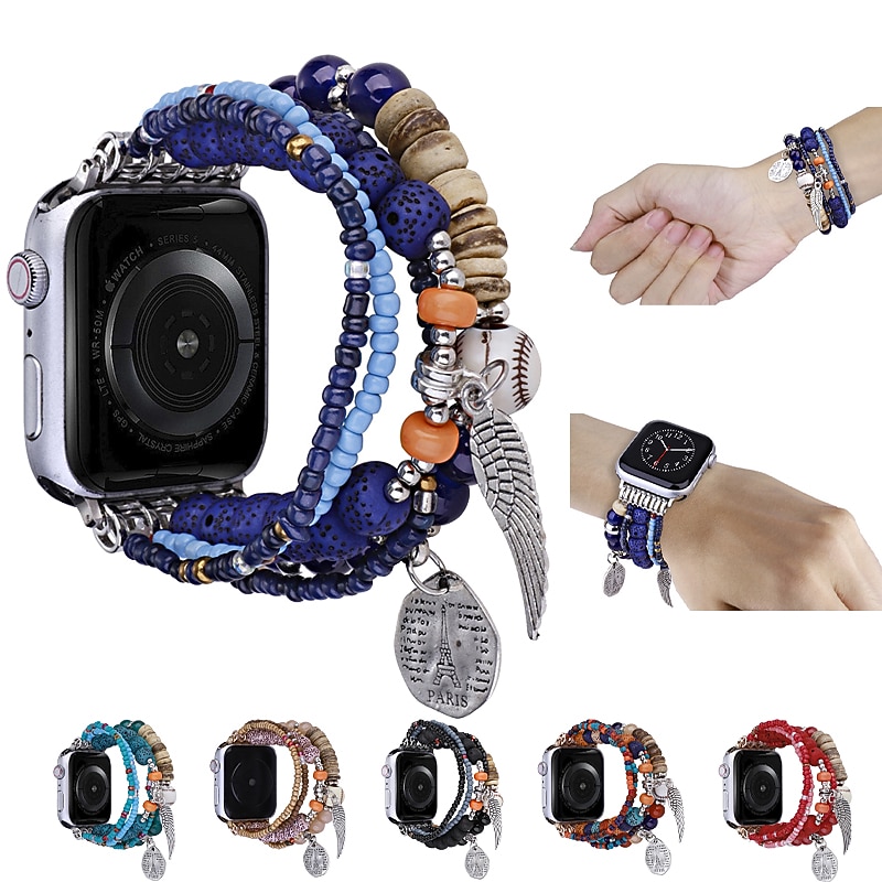 Handmade Braided Rope Compatible with Apple Watch band 38mm 40mm 41mm 42mm 44mm 45mm 49mm Women Beaded Boho Beads Strap Replacement Wristband for iwatch Ultra 2 Series 9 8 7 SE 6 5 4 3 2 13