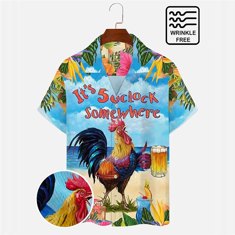 Men's Letter Chicken Beach Shirt Summer Hawaiian Shirt Aloha Shirt Short Sleeve Shirt Turndown Tropical Fashion Hawaiian Casual Hawaiian Holiday Blue S M L