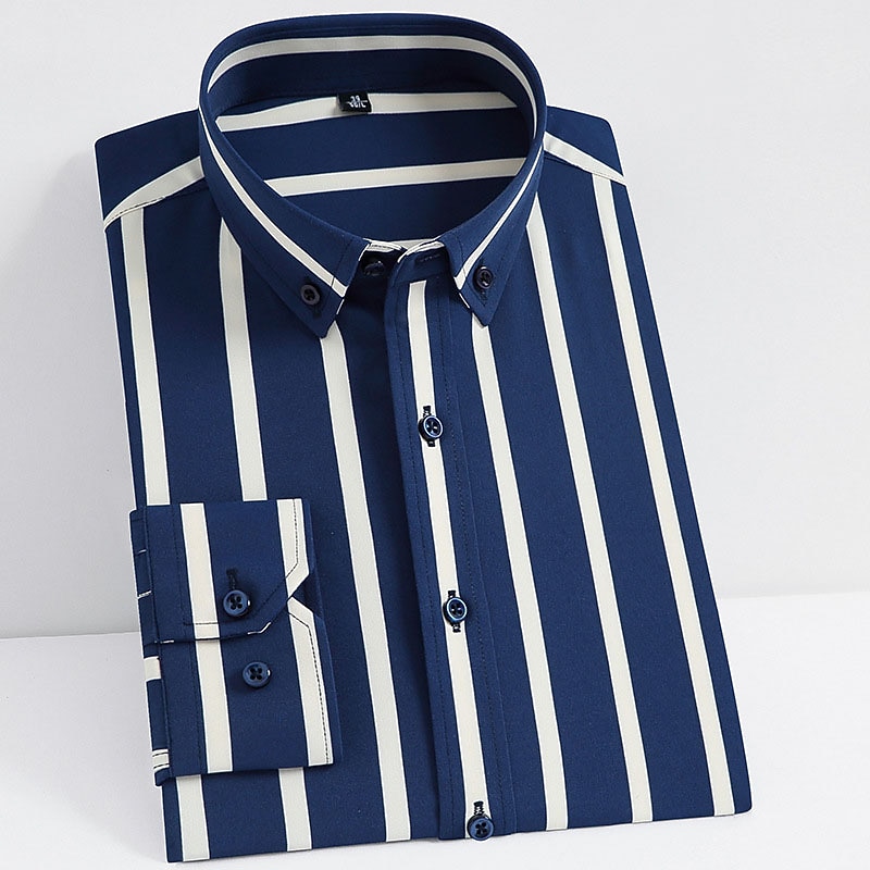 Men's Dress Shirt Striped Wedding Outdoor Black White Yellow Navy Blue Long Sleeve Turndown Spring &  Fall Clothing Apparel Button-Down4