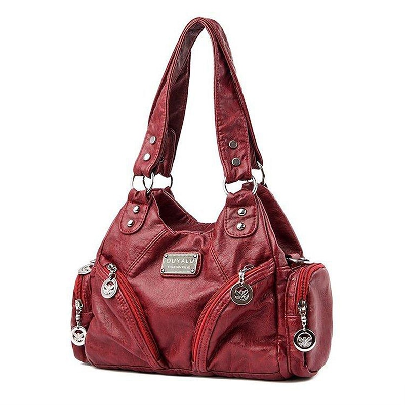 Women's Red Faux Leather Shoulder Handbag with Zipper Pockets and Metal Accents – Stylish Everyday Tote for Casual and Work Outfits