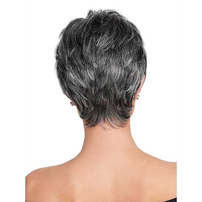 Gray Wigs for Women Fluffy and Undeformed Black Gray Gradient Short Wig Natural Appearance Gray Pixie Cut Wigs Suitable for Middle-aged and Older Women's Daily Use Wigs Costume Cosplay Wigs3