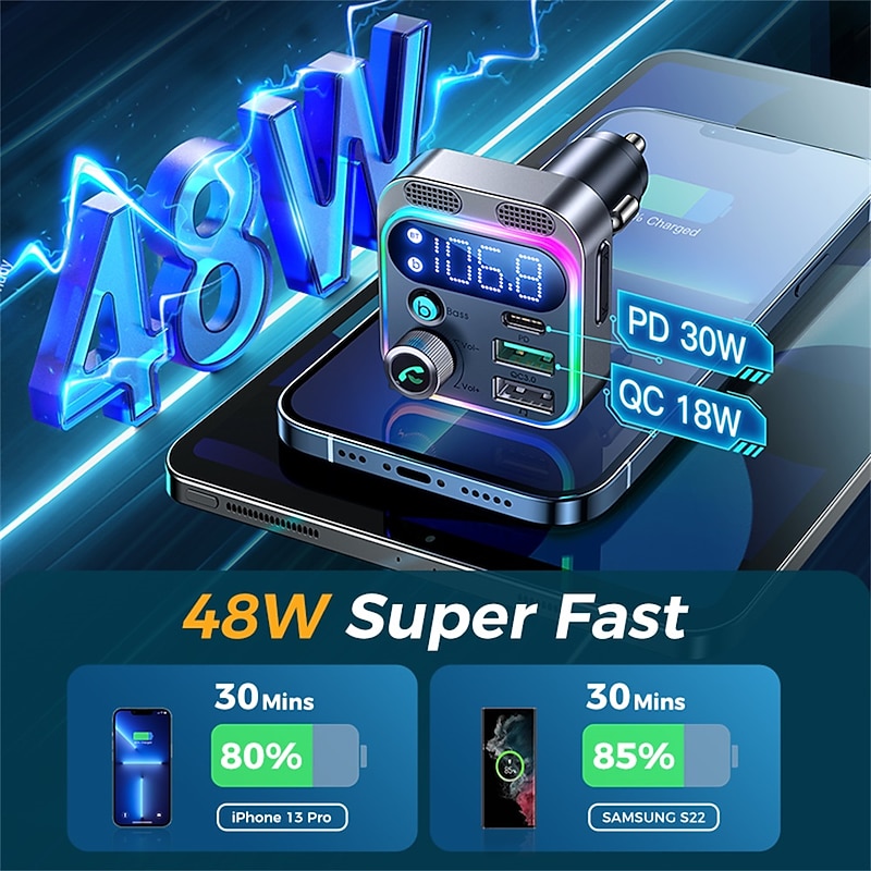Bluetooth 5.3 FM Transmitter for Car Stronger Dual Mics Deep Bass Sound  48W PD&QC3.0 Car Charger Bluetooth Adapter4