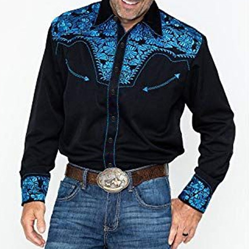 Men's Graphic Prints Guitar Shirt Western Shirt Cowboy Shirt Long Sleeve Fashion Designer Casual Outdoor Daily Fall & Winter Turndown Print Button-Down Black Black / Green Light Green Black / Purple2
