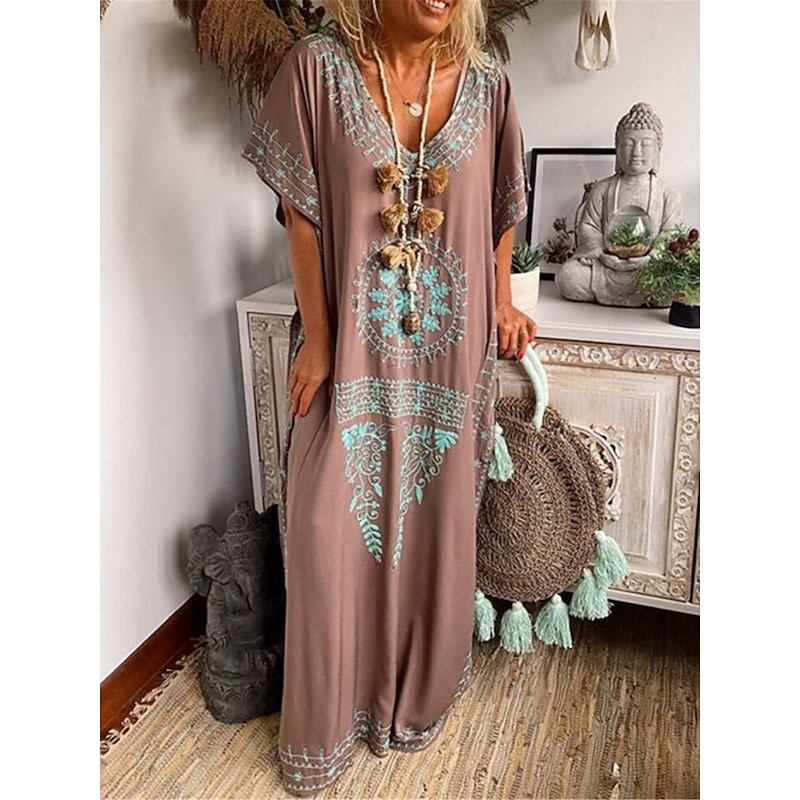 Women's Maxi long Dress Long Dress Maxi Dress Casual Dress T Shirt Dress Tee Dress Boho Dress Print Dress Fashion Bohemian Casual Outdoor Vacation Daily Loose Fit Floral Short Sleeve V Neck Sky Blue