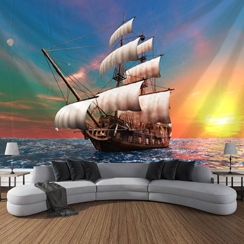Nature Landscape Hanging Tapestry Wall Art Marine Sailing Moon Large Tapestry Mural Decor Photograph Backdrop Blanket Curtain Home Bedroom Living Room Decoration Pirate3