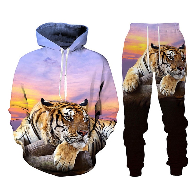 Men's Graphic Tiger 2pcs 3D Sweatshirt Sets Tracksuit Hoodies Long Sleeve Long pants Hooded Streetwear Designer Basic Sports & Outdoor Casual Sports Print Spring Fall Black Blue Purple3