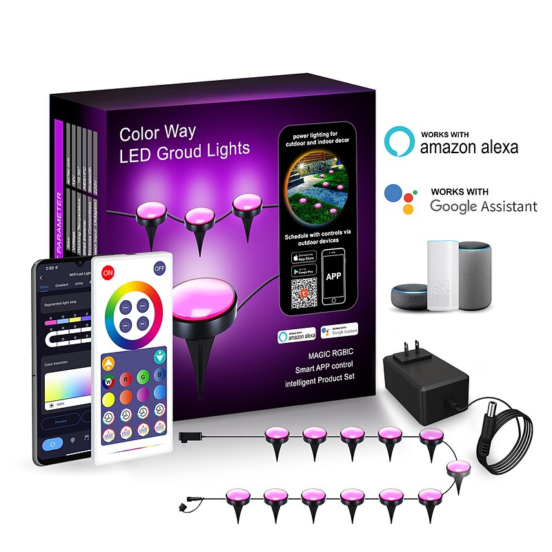 RGBIC Permanent Outdoor Ground Floor String Lights, Outdoor Waterproof Lights Garden Decorative, Magic Wifi Intelligent Tuya Bluetooth Remote Control Ground Plug Lamp 10M 15 Leds IP67