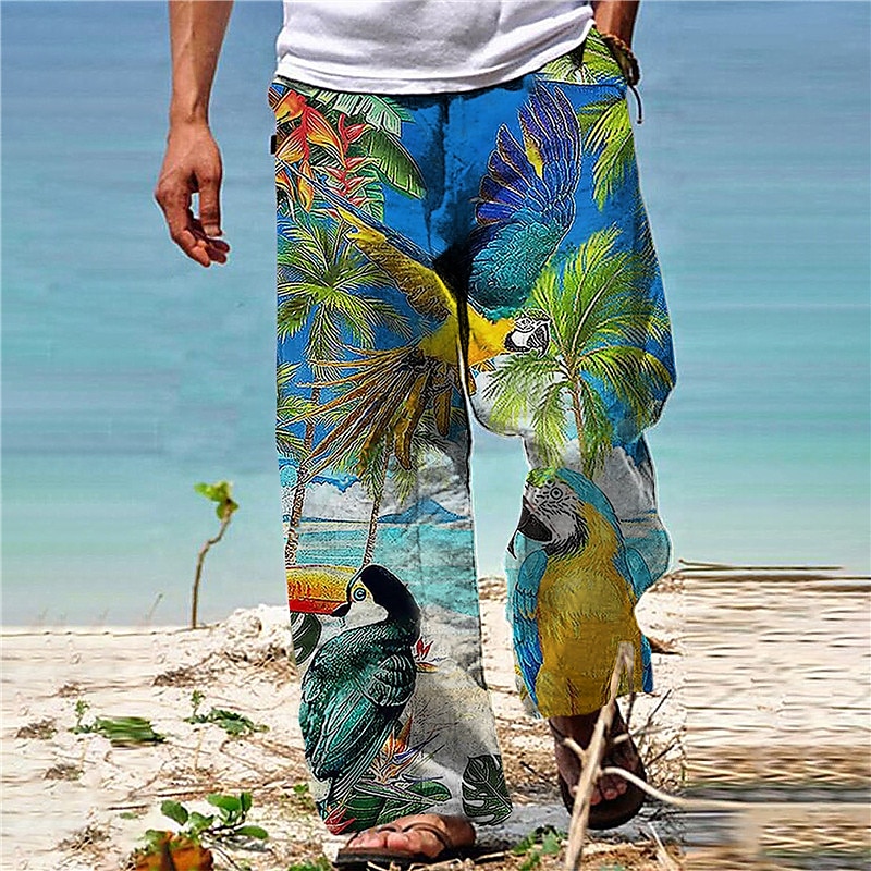 Men's Trousers Summer Pants Beach Pants Drawstring Elastic Waist Straight Leg Animal Plants Graphic Prints Comfort Casual Daily Holiday Hawaiian Designer Black Yellow2