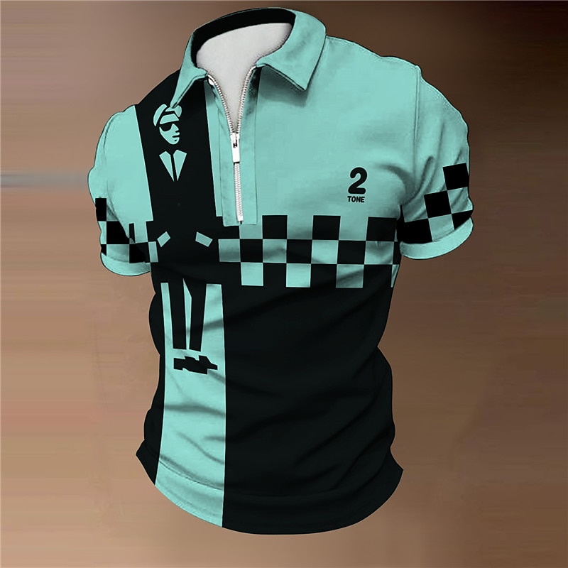 Music Festival Men's Plaid Music Zip Polo Shirts Golf Shirt Short Sleeve Polo Shirts Collared Shirts Casual Vacation Wear Festival Wear Party Outfits 3D Print Quarter Zip Polo White Yellow Blue3