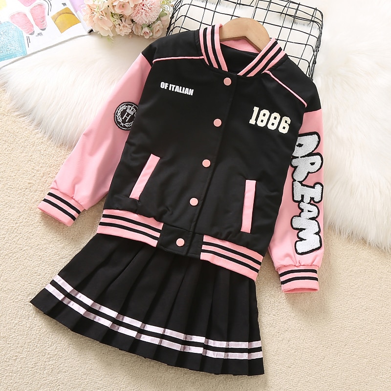 2 Pieces Kids Girls' Children's Day Graphic Pleated Dress Suits Set Long Sleeve Fashion School 7-13 Years Winter White Pink2