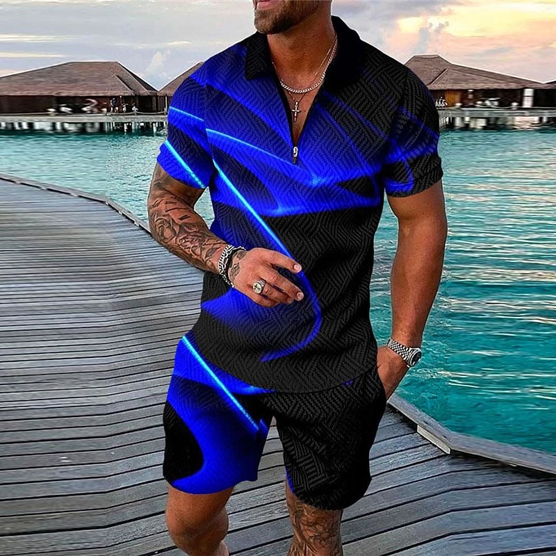 Men's Geometry Polo Shirts Golf Shirt Polo Set Short Sleeve Shirt Turndown Street Casual Black Yellow Blue Light Blue Zipper 2 Piece Clothing Apparel Fashion Designer Casual Breathable2