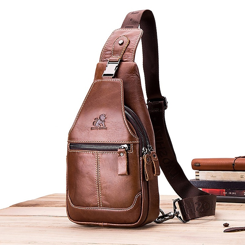 Men's Brown Leather Sling Bag with Adjustable Strap and Multiple Zipper Pockets – Stylish Crossbody Travel and Casual Shoulder Bag